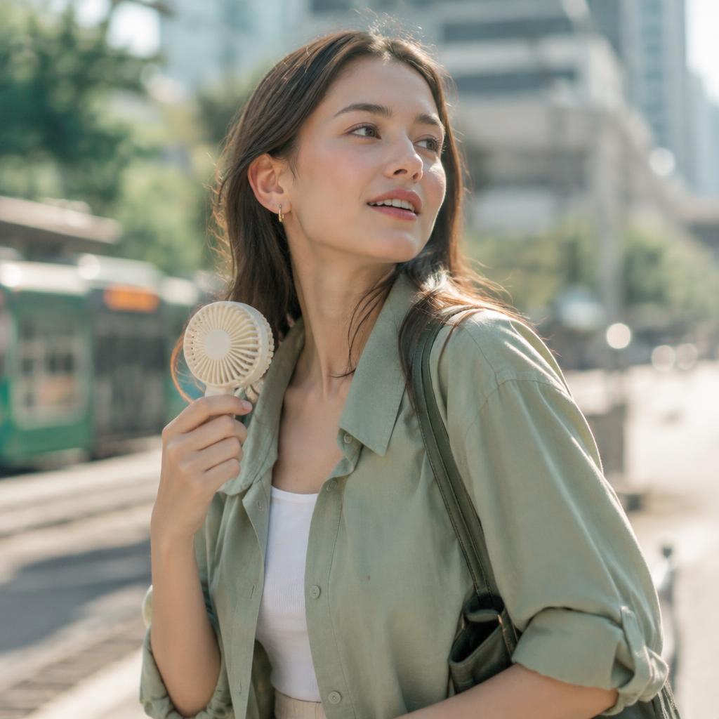 Person using a small handheld fan on a sunny commute